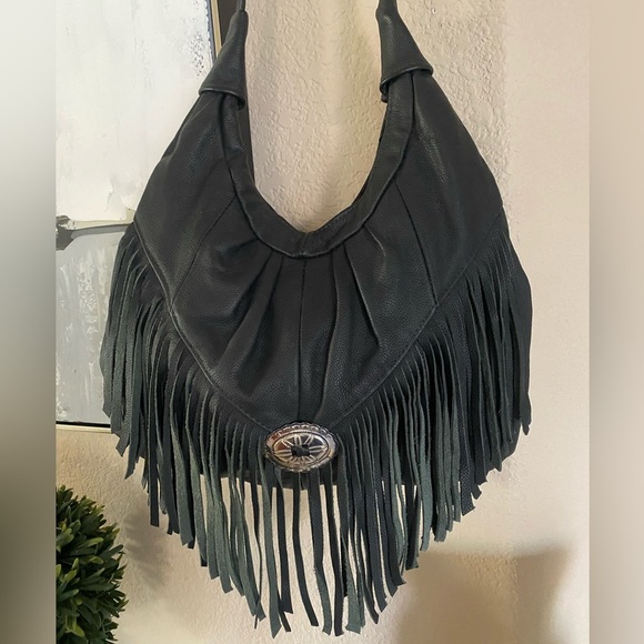 Leather Western Fringe Crossbody Bag Black Hobo Concho Bag 15 x 14 NWOT - Picture 17 of 17